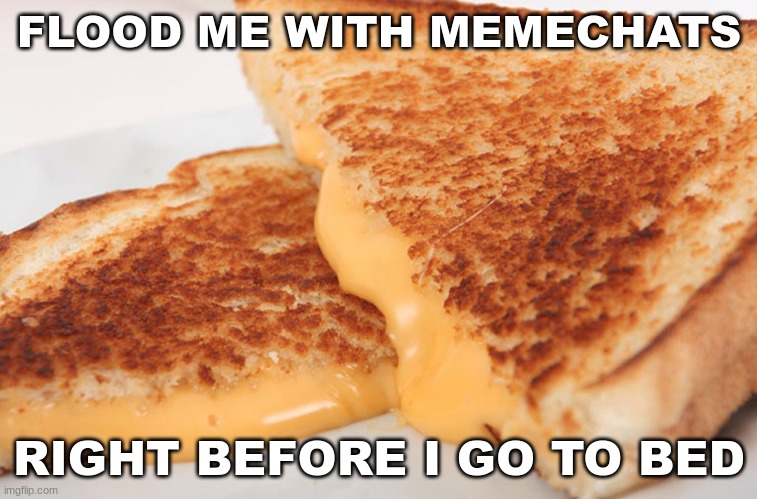 just ask for the link | FLOOD ME WITH MEMECHATS; RIGHT BEFORE I GO TO BED | image tagged in grilled cheese | made w/ Imgflip meme maker