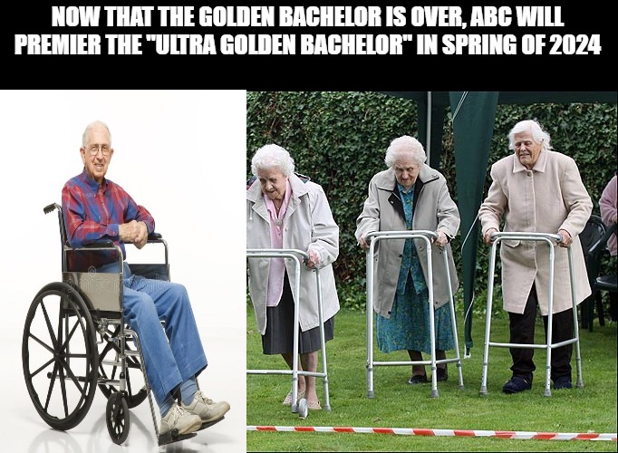 the bachelor | NOW THAT THE GOLDEN BACHELOR IS OVER, ABC WILL PREMIER THE "ULTRA GOLDEN BACHELOR" IN SPRING OF 2024 | image tagged in funny | made w/ Imgflip meme maker