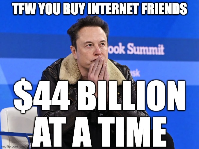 TFW you buy Internet friends $44 billion at a time | TFW YOU BUY INTERNET FRIENDS; $44 BILLION
AT A TIME | image tagged in elon musk,twitter,lonely man | made w/ Imgflip meme maker