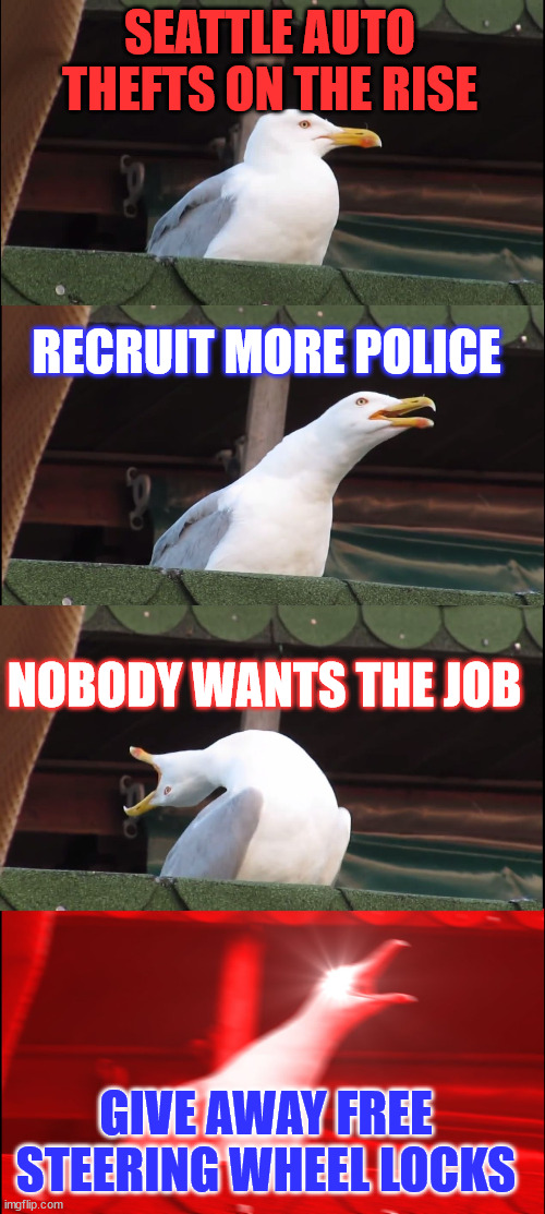 Don't ya just love the creativity of democrat run cesspools? | SEATTLE AUTO THEFTS ON THE RISE; RECRUIT MORE POLICE; NOBODY WANTS THE JOB; GIVE AWAY FREE STEERING WHEEL LOCKS | image tagged in memes,inhaling seagull,democrat,city,crime | made w/ Imgflip meme maker