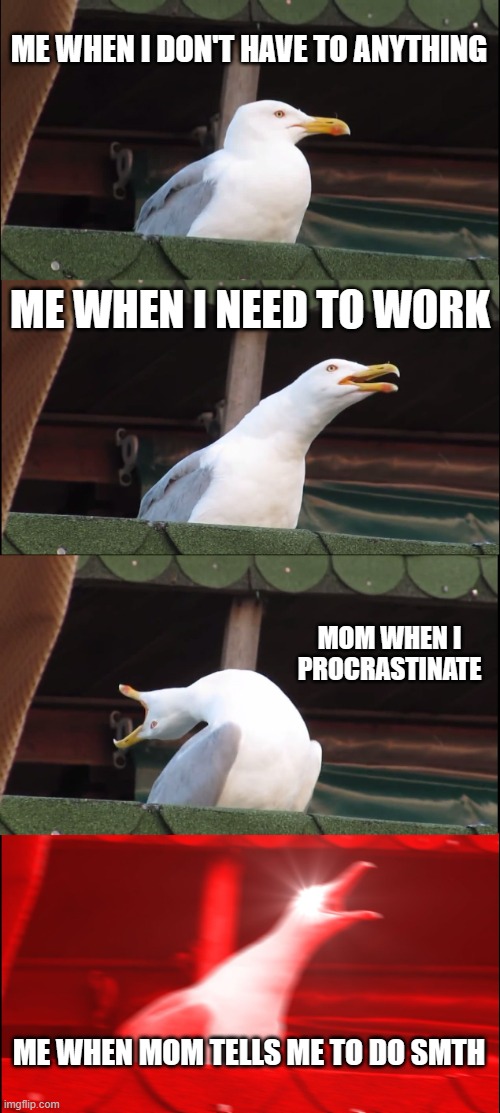Inhaling Seagull | ME WHEN I DON'T HAVE TO ANYTHING; ME WHEN I NEED TO WORK; MOM WHEN I PROCRASTINATE; ME WHEN MOM TELLS ME TO DO SMTH | image tagged in memes,inhaling seagull | made w/ Imgflip meme maker