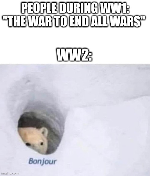 Whoops | PEOPLE DURING WW1: "THE WAR TO END ALL WARS"; WW2: | image tagged in bonjour | made w/ Imgflip meme maker