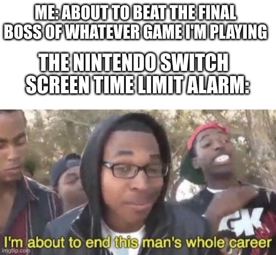 Always at the worst times. | ME: ABOUT TO BEAT THE FINAL BOSS OF WHATEVER GAME I'M PLAYING; THE NINTENDO SWITCH   SCREEN TIME LIMIT ALARM: | image tagged in i m about to end this man s whole career,if you know you know,nintendo switch,nintendo switch parental controls | made w/ Imgflip meme maker