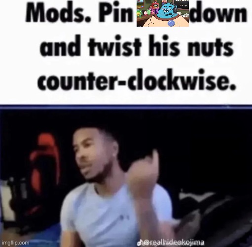 Mods. Pin him down and twist his nuts counter-clockwise. | image tagged in mods pin him down and twist his nuts counter-clockwise | made w/ Imgflip meme maker