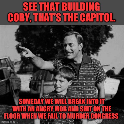 Father and son | SEE THAT BUILDING COBY, THAT’S THE CAPITOL. SOMEDAY WE WILL BREAK INTO IT WITH AN ANGRY MOB AND SHIT ON THE FLOOR WHEN WE FAIL TO MURDER CON | image tagged in father and son | made w/ Imgflip meme maker