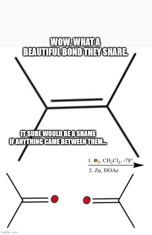 Organic Chemistry Meme | WOW, WHAT A BEAUTIFUL BOND THEY SHARE. IT SURE WOULD BE A SHAME IF ANYTHING CAME BETWEEN THEM… | image tagged in organic chemistry | made w/ Imgflip meme maker