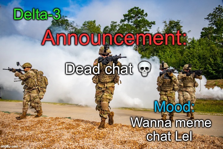 Delta-3 Announcement template | Dead chat 💀; Wanna meme chat Lel | image tagged in delta-3 announcement template | made w/ Imgflip meme maker