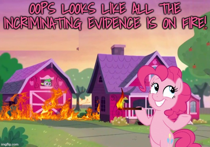 I don't know what you're talking about | OOPS LOOKS LIKE ALL THE INCRIMINATING EVIDENCE IS ON FIRE! | image tagged in disaster pony,pinkie pie | made w/ Imgflip meme maker