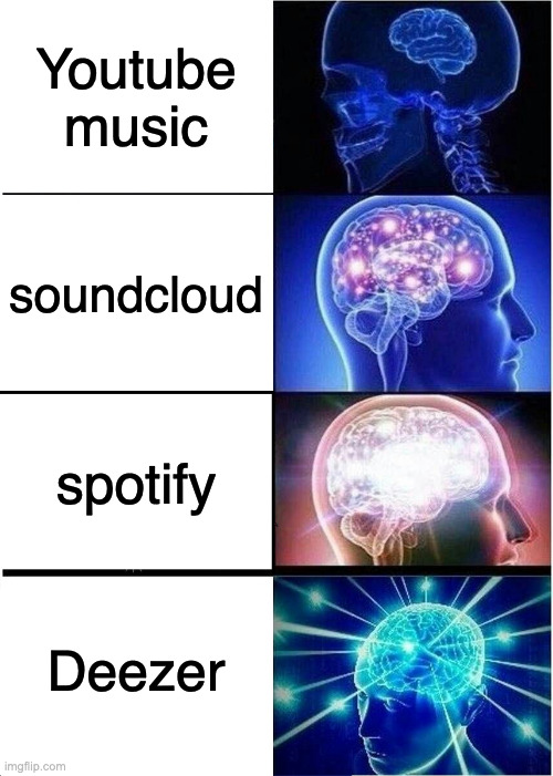 Found a streaming platform called deezer. Had to. | Youtube music; soundcloud; spotify; Deezer | image tagged in memes,expanding brain | made w/ Imgflip meme maker
