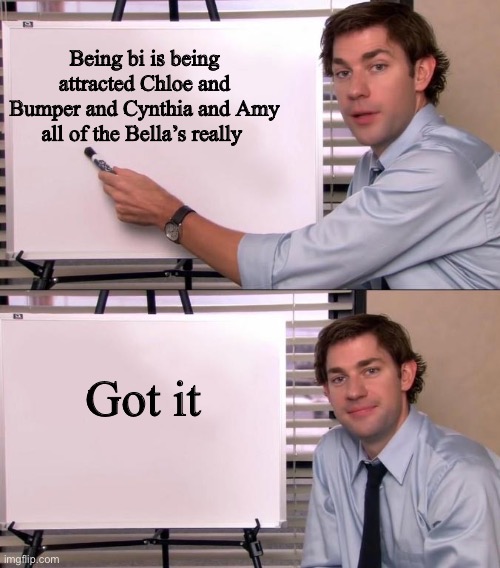 Jim Halpert Explains | Being bi is being attracted Chloe and Bumper and Cynthia and Amy all of the Bella’s really; Got it | image tagged in jim halpert explains,PitchPerfect | made w/ Imgflip meme maker