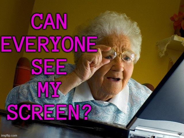 Can everyone see my screen? | CAN
EVERYONE
SEE
MY
SCREEN? | image tagged in memes,grandma finds the internet,hackers,internet,internet scam,old lady at computer finds the internet | made w/ Imgflip meme maker