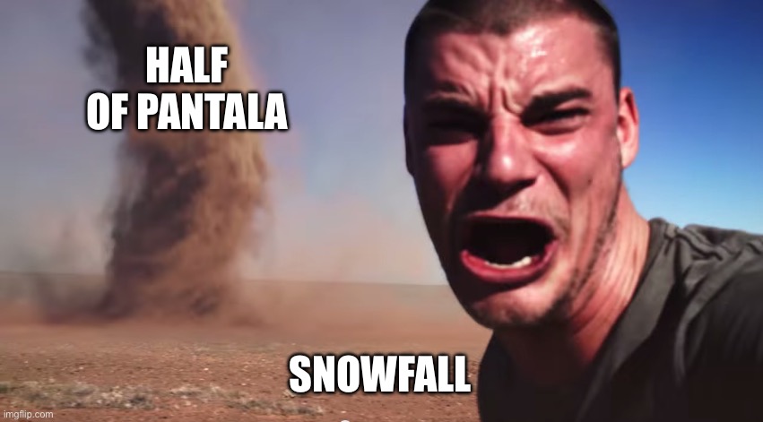 Here it comes | HALF OF PANTALA; SNOWFALL | image tagged in here it comes,wingsoffirememes | made w/ Imgflip meme maker