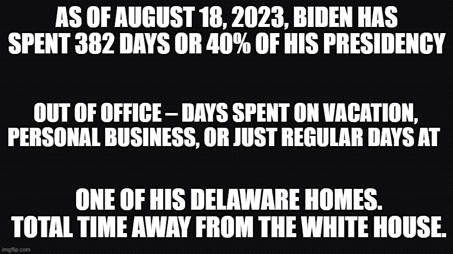 FJB as he abandons the country | AS OF AUGUST 18, 2023, BIDEN HAS SPENT 382 DAYS OR 40% OF HIS PRESIDENCY; OUT OF OFFICE – DAYS SPENT ON VACATION, PERSONAL BUSINESS, OR JUST REGULAR DAYS AT; ONE OF HIS DELAWARE HOMES. TOTAL TIME AWAY FROM THE WHITE HOUSE. | image tagged in vacation,summer vacation,weekend at bernie's,fjb,joe biden,biden | made w/ Imgflip meme maker