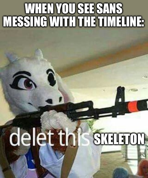 Toriel Delete This | WHEN YOU SEE SANS MESSING WITH THE TIMELINE:; SKELETON | image tagged in toriel delete this,delete,skeleton,sans,toriel,undertale | made w/ Imgflip meme maker