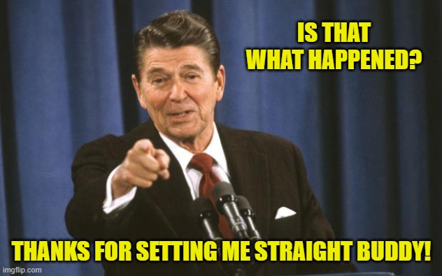 Ronald Reagan | IS THAT WHAT HAPPENED? THANKS FOR SETTING ME STRAIGHT BUDDY! | image tagged in ronald reagan | made w/ Imgflip meme maker