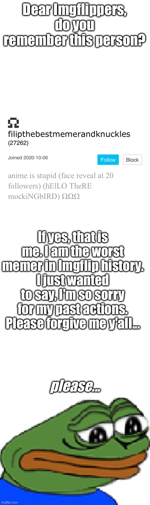 I'm sorry... | Dear Imgflippers, do you remember this person? If yes, that is me. I am the worst memer in Imgflip history.
I just wanted to say, I'm so sorry for my past actions. Please forgive me y'all... please... | image tagged in memes,blank transparent square,sadge,apology,sorry,please forgive me | made w/ Imgflip meme maker