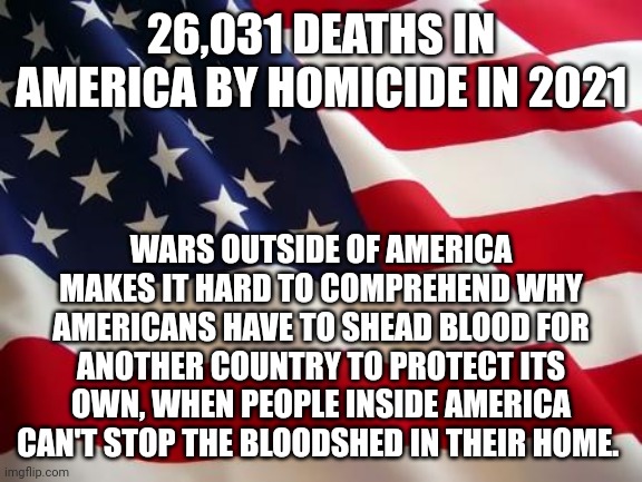 American flag | 26,031 DEATHS IN AMERICA BY HOMICIDE IN 2021; WARS OUTSIDE OF AMERICA MAKES IT HARD TO COMPREHEND WHY AMERICANS HAVE TO SHEAD BLOOD FOR ANOTHER COUNTRY TO PROTECT ITS OWN, WHEN PEOPLE INSIDE AMERICA CAN'T STOP THE BLOODSHED IN THEIR HOME. | image tagged in american flag | made w/ Imgflip meme maker