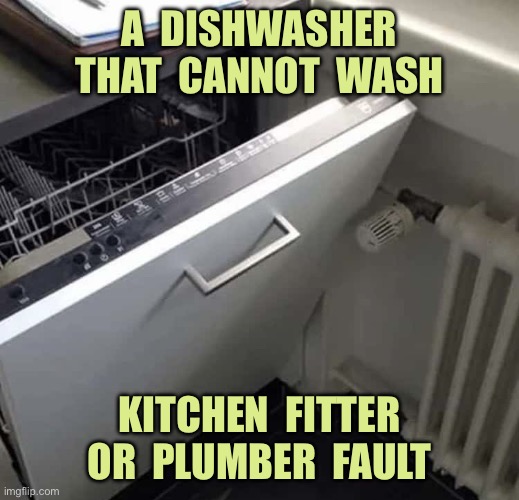 Dishwasher | A  DISHWASHER THAT  CANNOT  WASH; KITCHEN  FITTER OR  PLUMBER  FAULT | image tagged in kitchen fitters,plumbers,dishwasher,cannot wash,you had one job | made w/ Imgflip meme maker