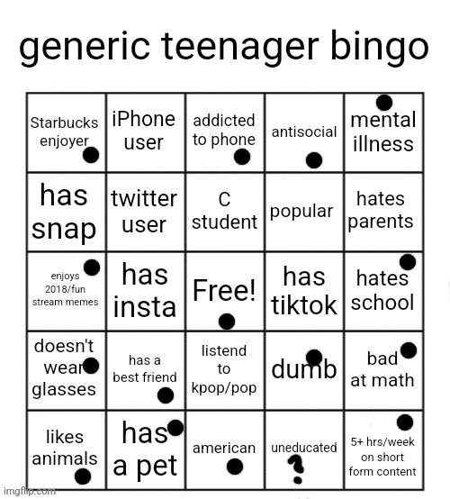 woohoo I'm not generic | image tagged in generic teenager bingo | made w/ Imgflip meme maker