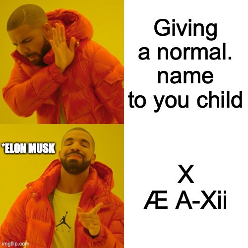 (Image title here) | Giving a normal. name to you child; X Æ A-Xii; *ELON MUSK | image tagged in memes,drake hotline bling | made w/ Imgflip meme maker