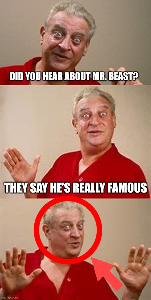 mr. yeast | DID YOU HEAR ABOUT MR. BEAST? THEY SAY HE’S REALLY FAMOUS | image tagged in bad pun dangerfield | made w/ Imgflip meme maker