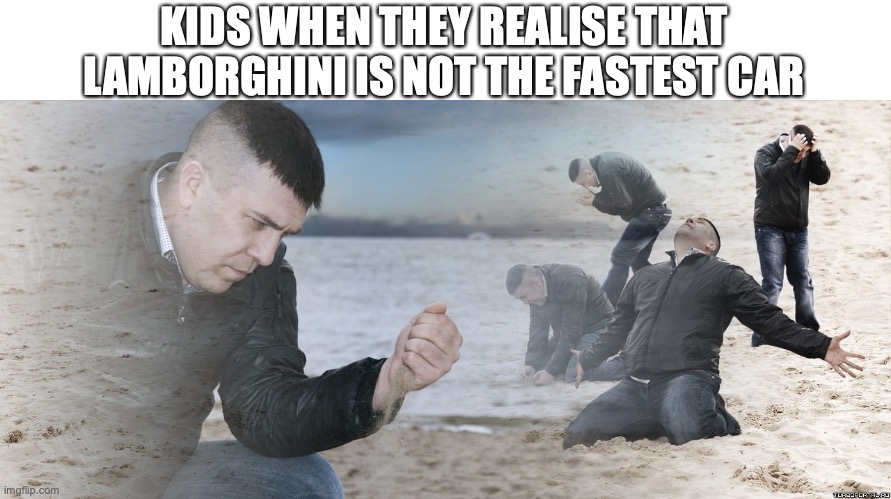 The pain! | KIDS WHEN THEY REALISE THAT LAMBORGHINI IS NOT THE FASTEST CAR | image tagged in guy with sand in the hands of despair | made w/ Imgflip meme maker