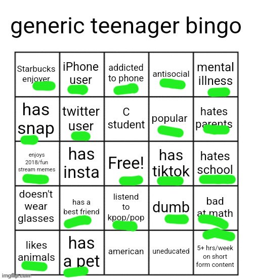 generic teenager bingo | image tagged in generic teenager bingo | made w/ Imgflip meme maker