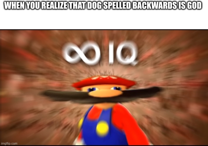 Infinity IQ Mario | WHEN YOU REALIZE THAT DOG SPELLED BACKWARDS IS GOD | image tagged in infinity iq mario | made w/ Imgflip meme maker