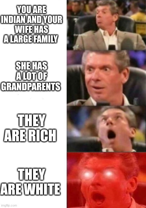 SCAMMER | YOU ARE INDIAN AND YOUR WIFE HAS A LARGE FAMILY; SHE HAS A LOT OF GRANDPARENTS; THEY ARE RICH; THEY ARE WHITE | image tagged in mr mcmahon reaction | made w/ Imgflip meme maker