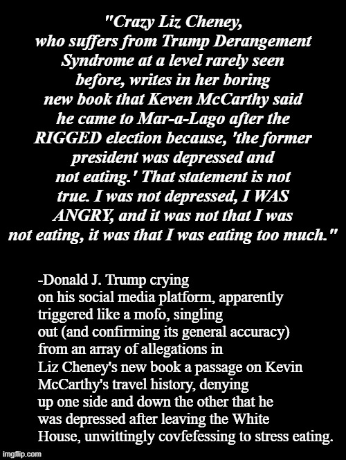 "So much for Dorkus Caligula's insistence he's not emotionally volatile." *OR* "Real leaders don't succumb to stress eating." | "Crazy Liz Cheney, who suffers from Trump Derangement Syndrome at a level rarely seen before, writes in her boring new book that Keven McCarthy said he came to Mar-a-Lago after the RIGGED election because, 'the former president was depressed and not eating.' That statement is not true. I was not depressed, I WAS ANGRY, and it was not that I was not eating, it was that I was eating too much."; -Donald J. Trump crying on his social media platform, apparently triggered like a mofo, singling out (and confirming its general accuracy) from an array of allegations in Liz Cheney's new book a passage on Kevin McCarthy's travel history, denying up one side and down the other that he was depressed after leaving the White House, unwittingly covfefessing to stress eating. | image tagged in double long black template | made w/ Imgflip meme maker