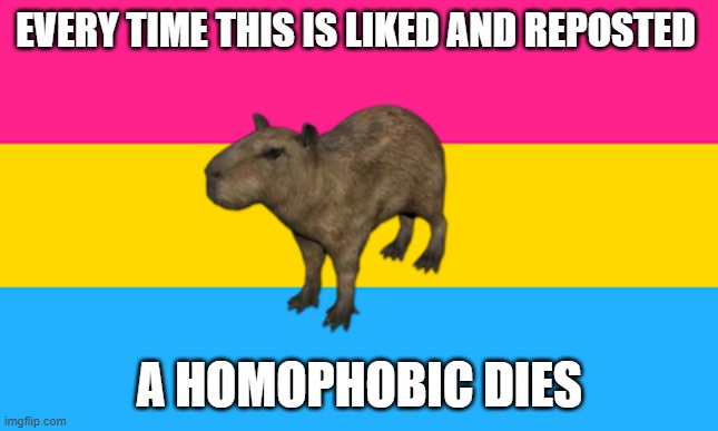 Capybara | EVERY TIME THIS IS LIKED AND REPOSTED; A HOMOPHOBIC DIES | image tagged in pan flag | made w/ Imgflip meme maker