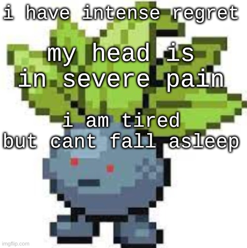 [[visible regret]] | i have intense regret; my head is in severe pain; i am tired but cant fall asleep | image tagged in oddish straight face | made w/ Imgflip meme maker