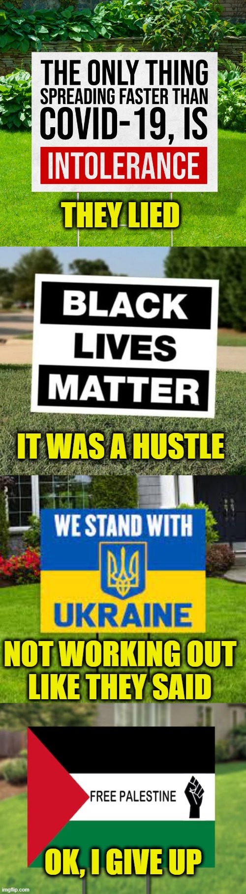 You are being played | THEY LIED; IT WAS A HUSTLE; NOT WORKING OUT 
LIKE THEY SAID; OK, I GIVE UP | image tagged in virtue signalling | made w/ Imgflip meme maker