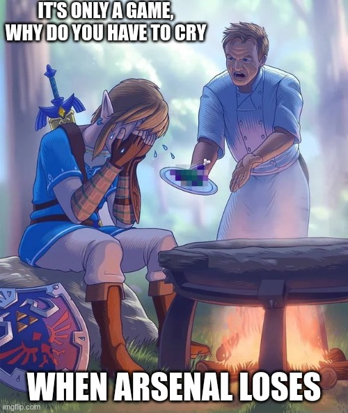 Gordon Ramsay yelling at Link | IT'S ONLY A GAME, WHY DO YOU HAVE TO CRY; WHEN ARSENAL LOSES | image tagged in gordon ramsay yelling at link | made w/ Imgflip meme maker