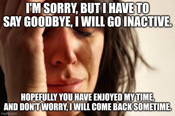 sorry ? ? ? | I'M SORRY, BUT I HAVE TO SAY GOODBYE, I WILL GO INACTIVE. HOPEFULLY YOU HAVE ENJOYED MY TIME, AND DON'T WORRY, I WILL COME BACK SOMETIME. | image tagged in memes,first world problems,goodbye,i'll be back | made w/ Imgflip meme maker