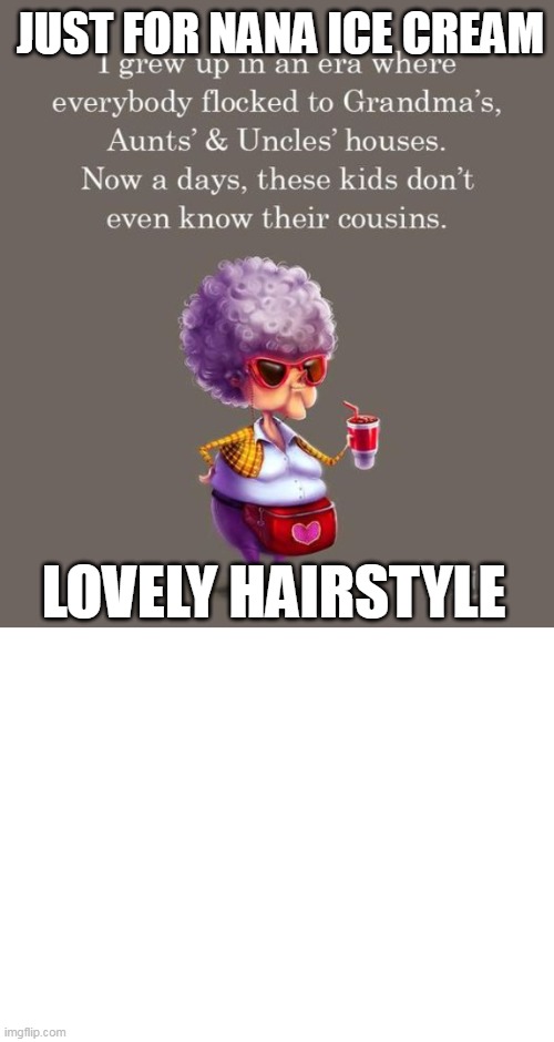 Nana's funny | JUST FOR NANA ICE CREAM; LOVELY HAIRSTYLE | image tagged in grandma,grandmother,funny meme | made w/ Imgflip meme maker