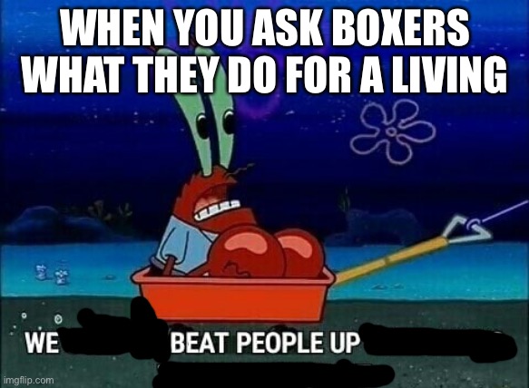 Mr. Krabs We used to beat people up for saying things like that | WHEN YOU ASK BOXERS WHAT THEY DO FOR A LIVING | image tagged in mr krabs we used to beat people up for saying things like that | made w/ Imgflip meme maker