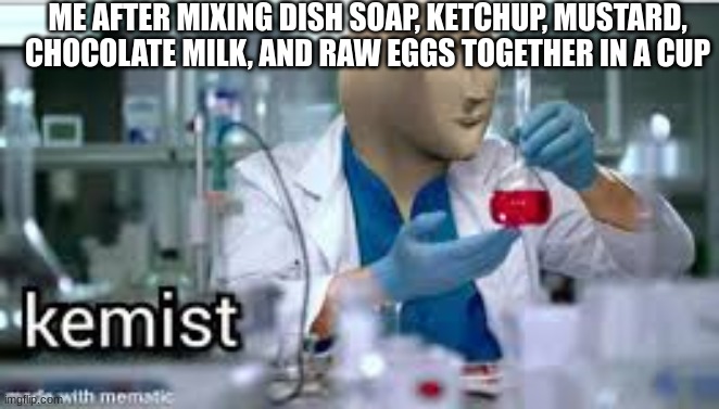 childd hud | ME AFTER MIXING DISH SOAP, KETCHUP, MUSTARD, CHOCOLATE MILK, AND RAW EGGS TOGETHER IN A CUP | image tagged in kemist | made w/ Imgflip meme maker