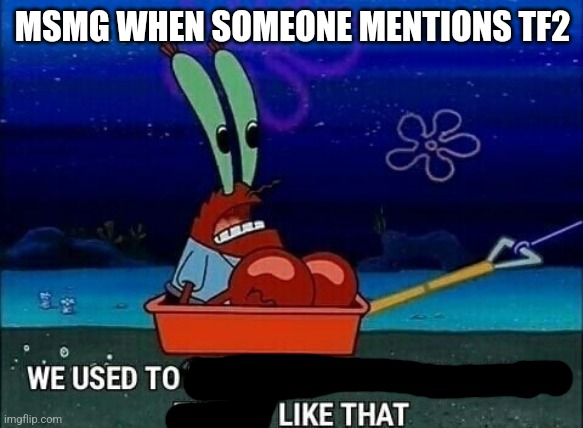 Mr. Krabs We used to beat people up for saying things like that | MSMG WHEN SOMEONE MENTIONS TF2 | image tagged in mr krabs we used to beat people up for saying things like that | made w/ Imgflip meme maker