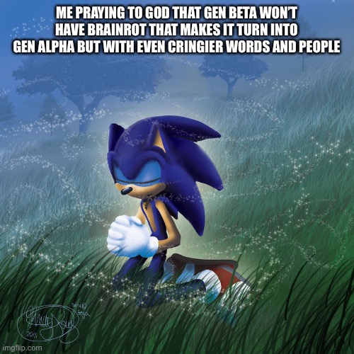 If gen beta is gonna end up like this generation then we’re screwed | ME PRAYING TO GOD THAT GEN BETA WON’T HAVE BRAINROT THAT MAKES IT TURN INTO GEN ALPHA BUT WITH EVEN CRINGIER WORDS AND PEOPLE | image tagged in praying sonic | made w/ Imgflip meme maker