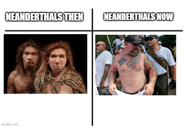 White Supremacists = Modern Neanderthals | NEANDERTHALS NOW; NEANDERTHALS THEN | image tagged in t chart,white people,funny,memes,political meme | made w/ Imgflip meme maker