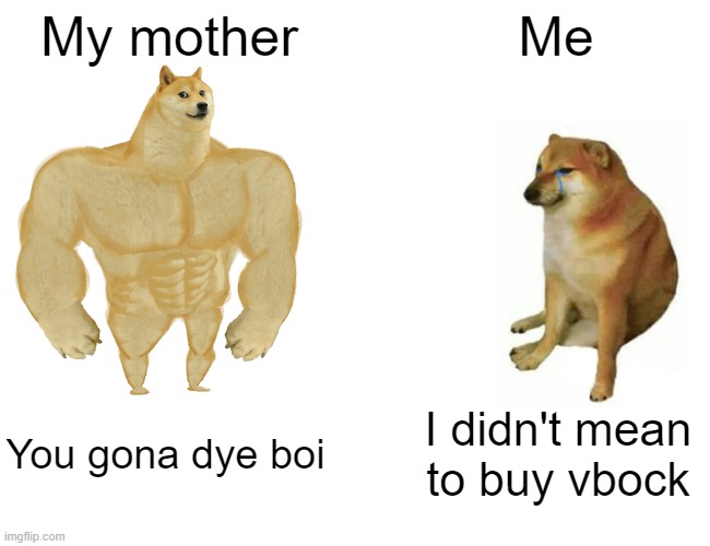 Buff Doge vs. Cheems | My mother; Me; You gona dye boi; I didn't mean to buy vbock | image tagged in memes,buff doge vs cheems | made w/ Imgflip meme maker