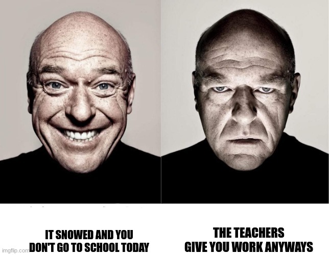 All the time, bro... | IT SNOWED AND YOU DON'T GO TO SCHOOL TODAY; THE TEACHERS GIVE YOU WORK ANYWAYS | image tagged in breaking bad smile frown | made w/ Imgflip meme maker