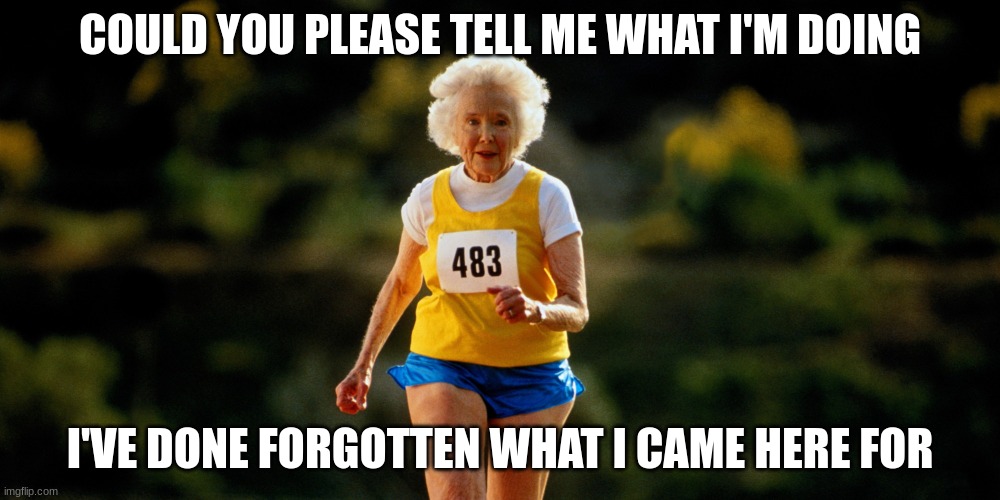 old lady running | COULD YOU PLEASE TELL ME WHAT I'M DOING; I'VE DONE FORGOTTEN WHAT I CAME HERE FOR | image tagged in old lady running | made w/ Imgflip meme maker