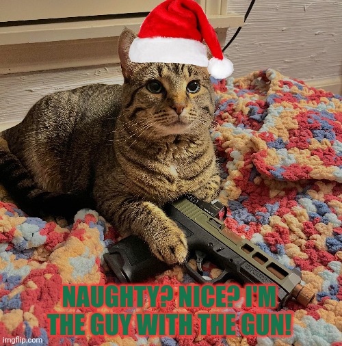 Sandy is comin | NAUGHTY? NICE? I'M THE GUY WITH THE GUN! | image tagged in sandy,claws,ho ho ho | made w/ Imgflip meme maker