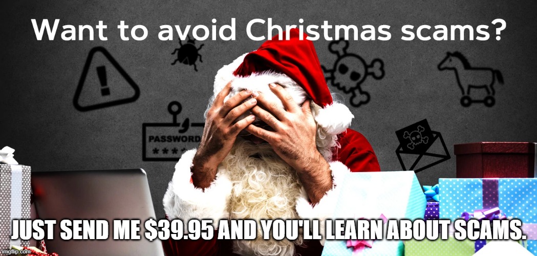 meme by Brad avoid Christmas scams | JUST SEND ME $39.95 AND YOU'LL LEARN ABOUT SCAMS. | image tagged in christmas meme | made w/ Imgflip meme maker