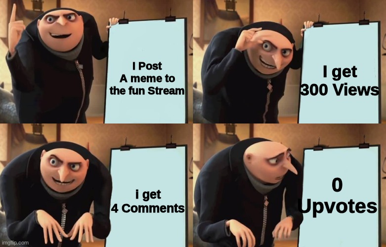 Happens to me | I get 300 Views; I Post A meme to the fun Stream; 0 Upvotes; i get 4 Comments | image tagged in gru,imgflip | made w/ Imgflip meme maker