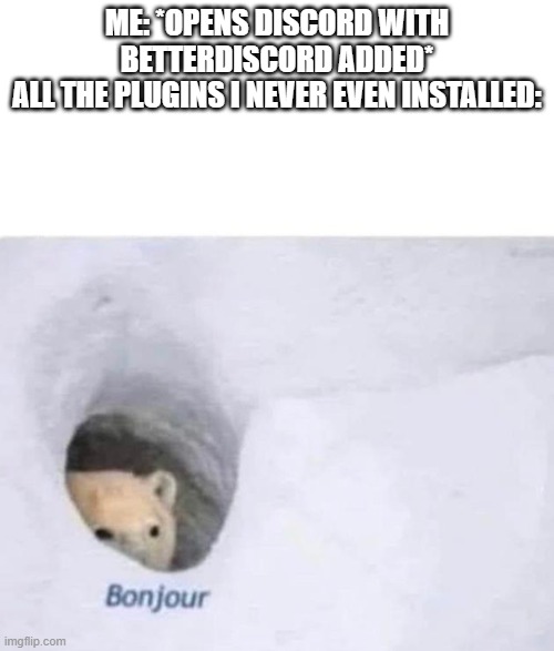 Many plugins appear even if they never were in my BetterDiscord plugin directory | ME: *OPENS DISCORD WITH BETTERDISCORD ADDED*
ALL THE PLUGINS I NEVER EVEN INSTALLED: | image tagged in bonjour | made w/ Imgflip meme maker