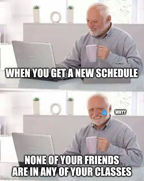 schedule memes | WHEN YOU GET A NEW SCHEDULE; WHYY; NONE OF YOUR FRIENDS ARE IN ANY OF YOUR CLASSES | image tagged in memes,hide the pain harold,funny,school memes,schedule meme,school | made w/ Imgflip meme maker