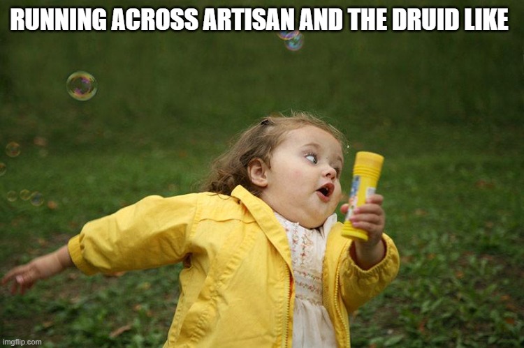 Running Kid | RUNNING ACROSS ARTISAN AND THE DRUID LIKE | image tagged in running kid | made w/ Imgflip meme maker